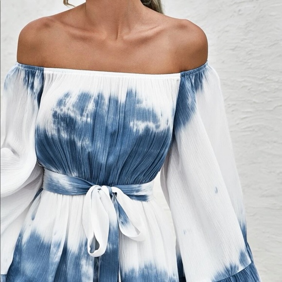 Boho Tie Dye Ombré Print Off Shoulder Flare Flounce Sleeve Romper Jumper - Picture 4 of 6